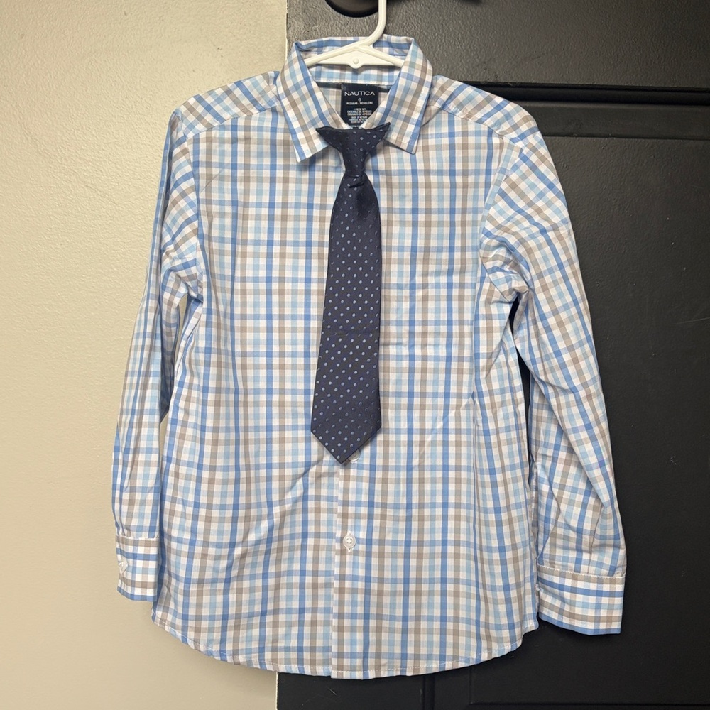 Nautica Light Blue Checkered Shirt with Dark Blue Tie